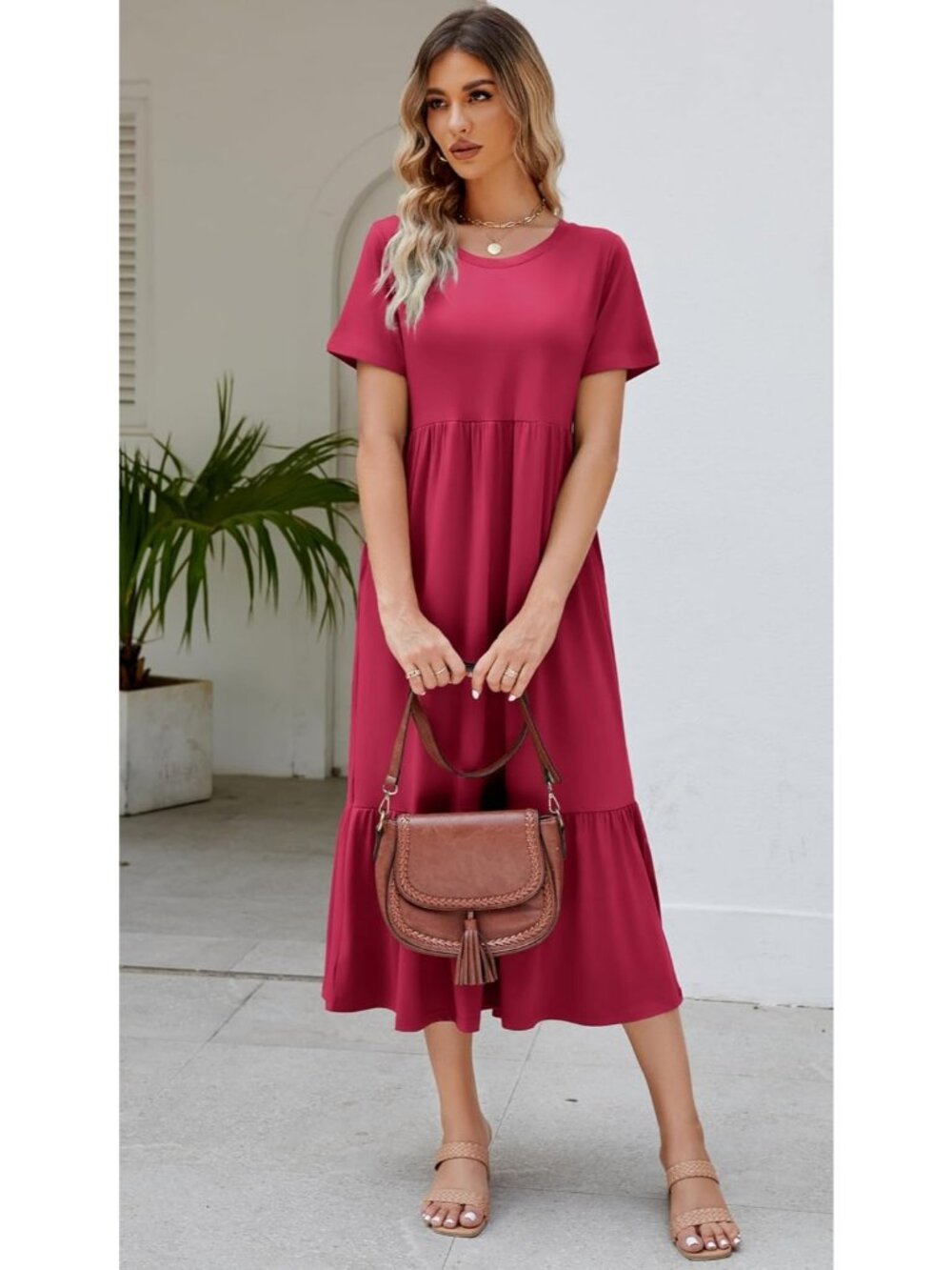 Women's Rose Stylish Sundress Short Sleeve Tiered Beach with Pockets Maxi Dress - Picture 2 of 5